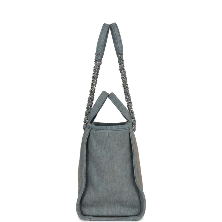 Top Quality Chanel Small Deauville Shopping Bag Distressed Blue Denim Aged Silver Hardware