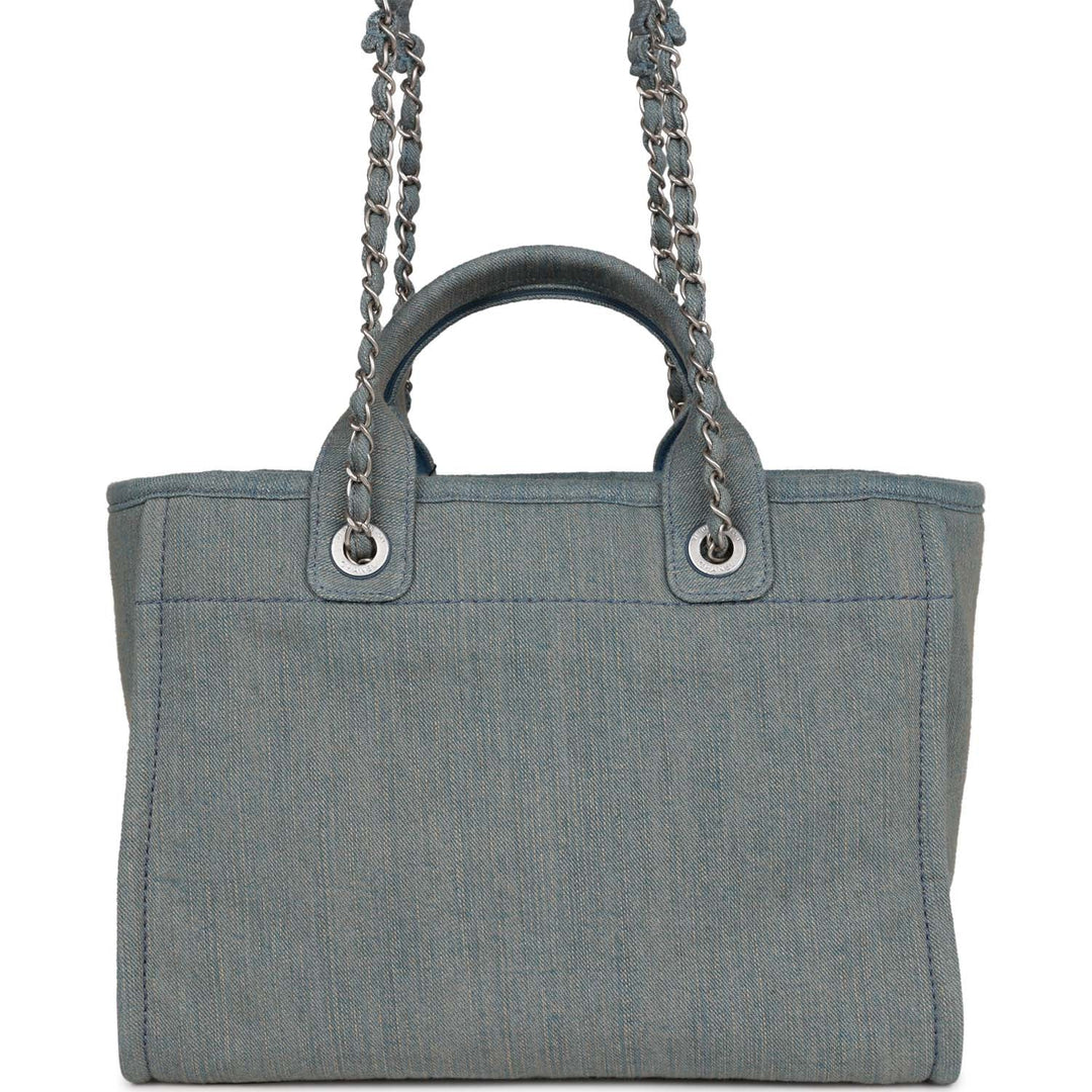 Top Quality Chanel Small Deauville Shopping Bag Distressed Blue Denim Aged Silver Hardware
