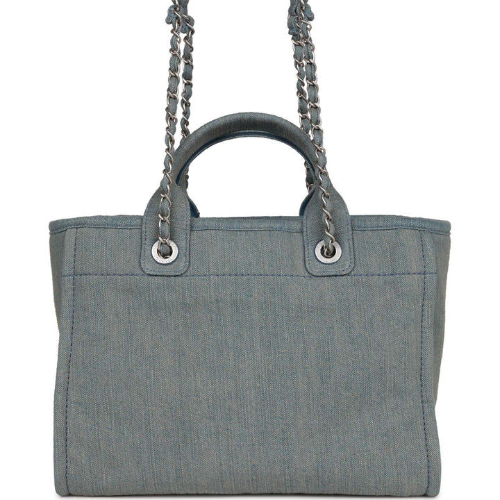 Top Quality Chanel Small Deauville Shopping Bag Distressed Blue Denim Aged Silver Hardware