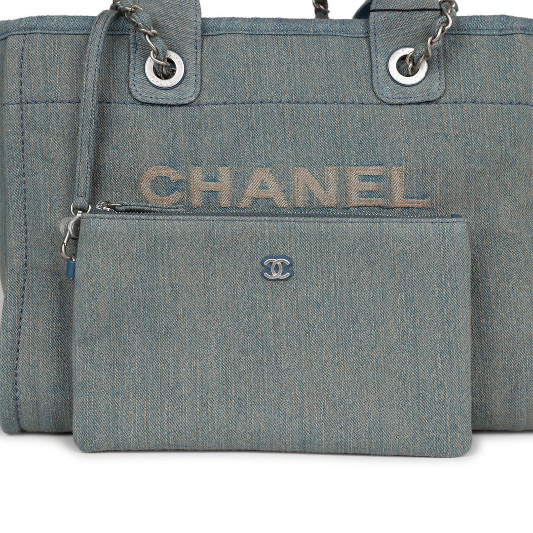 Top Quality Chanel Small Deauville Shopping Bag Distressed Blue Denim Aged Silver Hardware