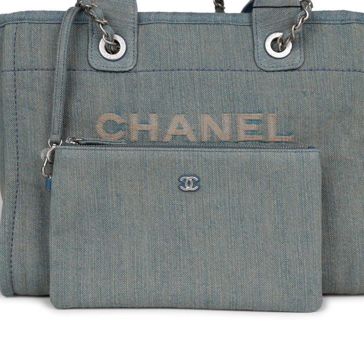 Top Quality Chanel Small Deauville Shopping Bag Distressed Blue Denim Aged Silver Hardware