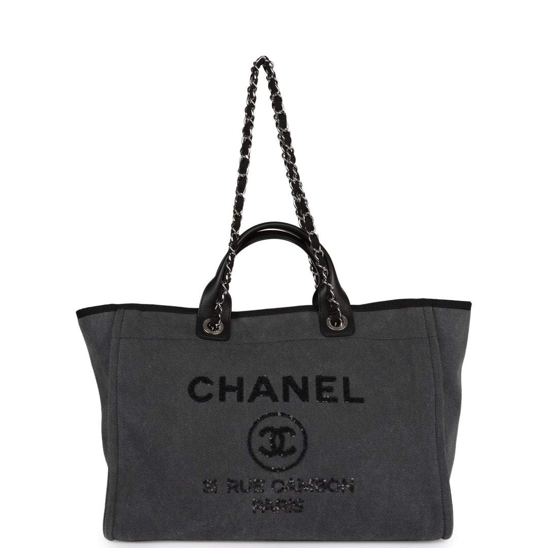 Top Quality Chanel Medium Deauville Shopping Bag Dark Grey Denim Silver Hardware