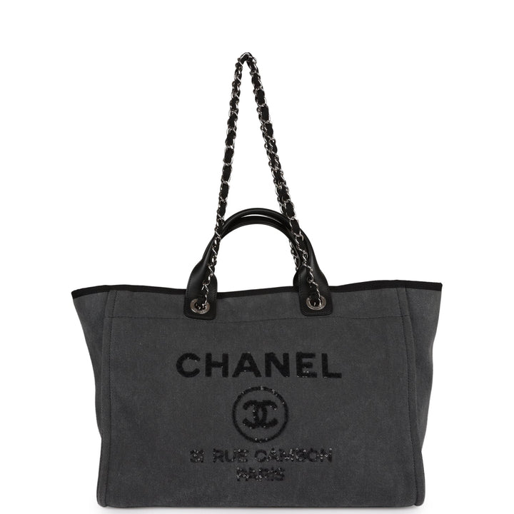 Top Quality Chanel Medium Deauville Shopping Bag Dark Grey Denim Silver Hardware