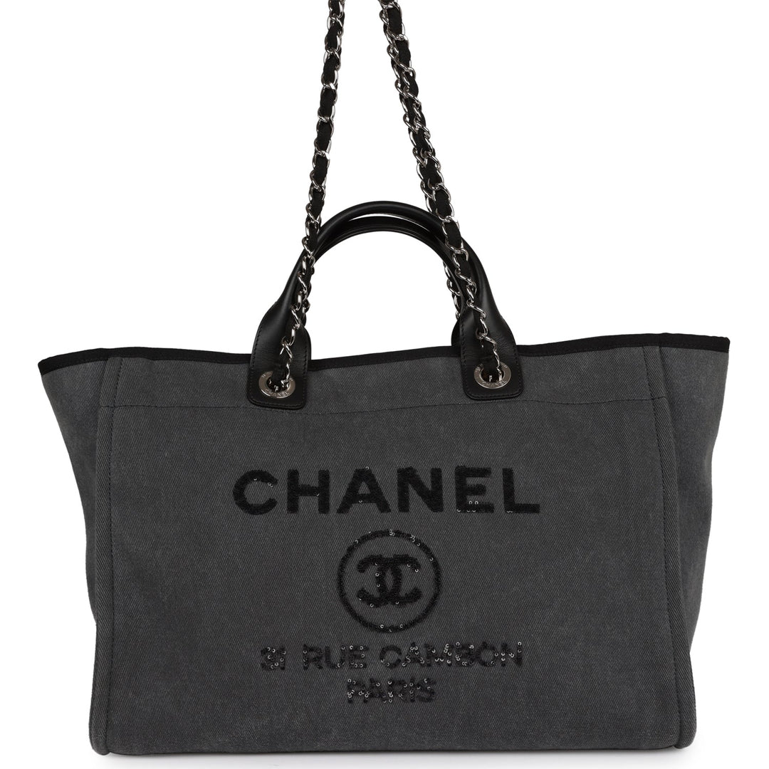 Top Quality Chanel Medium Deauville Shopping Bag Dark Grey Denim Silver Hardware