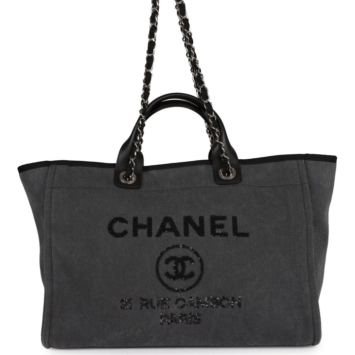 Top Quality Chanel Medium Deauville Shopping Bag Dark Grey Denim Silver Hardware