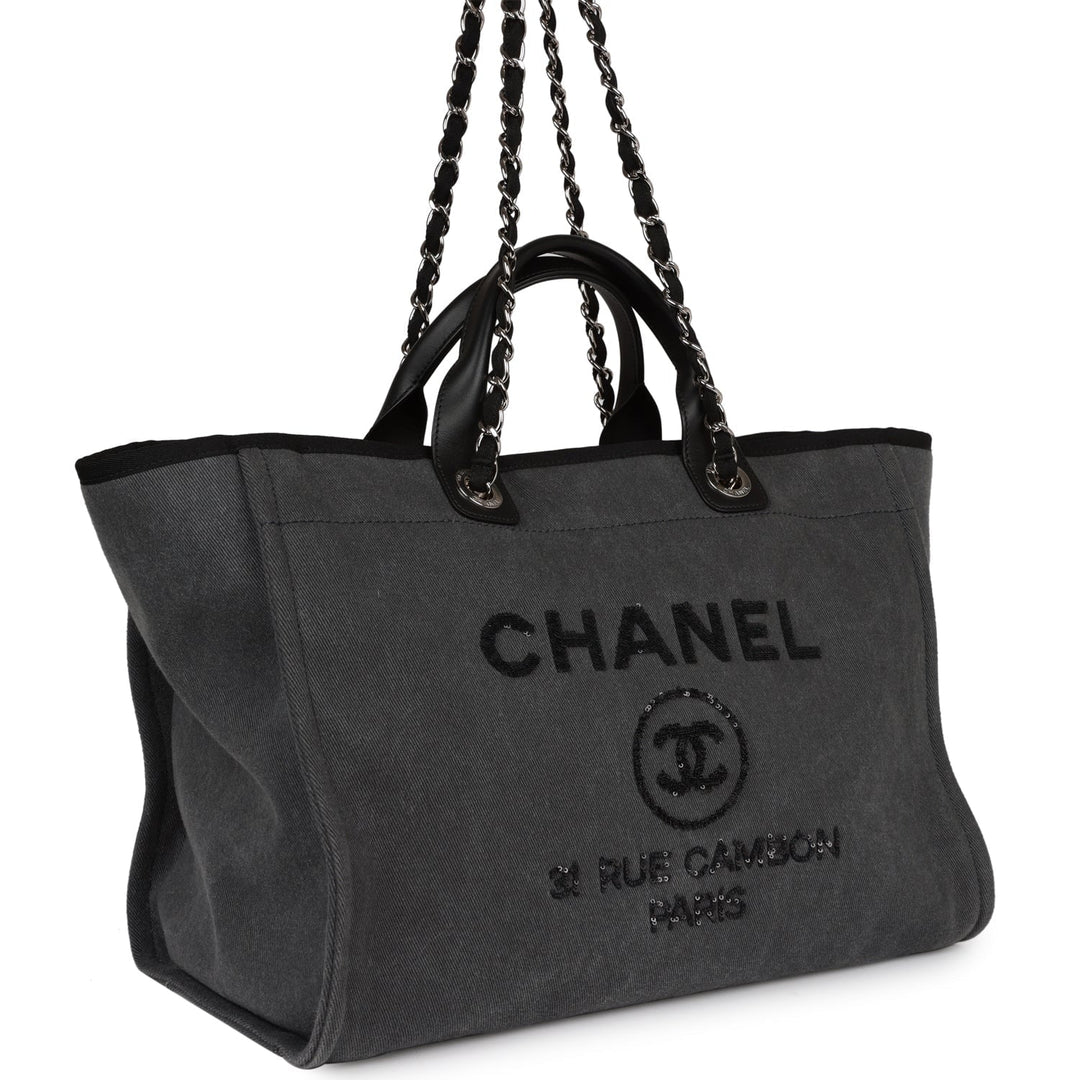 Top Quality Chanel Medium Deauville Shopping Bag Dark Grey Denim Silver Hardware
