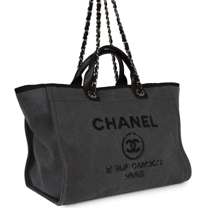 Top Quality Chanel Medium Deauville Shopping Bag Dark Grey Denim Silver Hardware