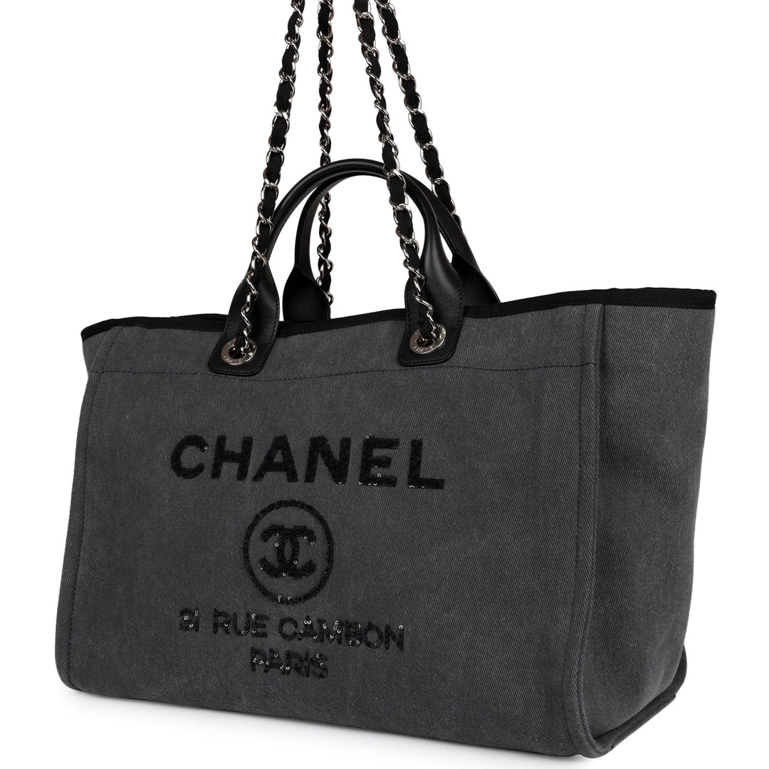 Top Quality Chanel Medium Deauville Shopping Bag Dark Grey Denim Silver Hardware