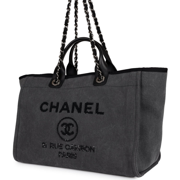 Top Quality Chanel Medium Deauville Shopping Bag Dark Grey Denim Silver Hardware