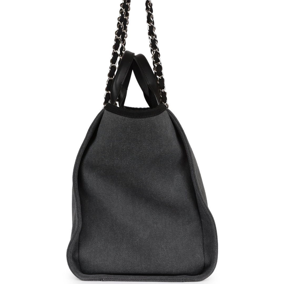 Top Quality Chanel Medium Deauville Shopping Bag Dark Grey Denim Silver Hardware