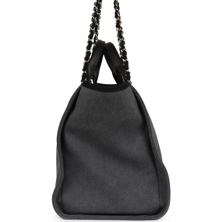 Top Quality Chanel Medium Deauville Shopping Bag Dark Grey Denim Silver Hardware
