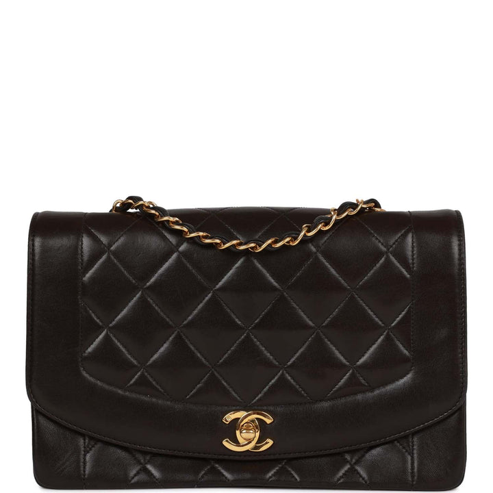 Vintage Top Quality Chanel Medium Diana Flap Bag Black Quilted Lambskin Gold Hardware