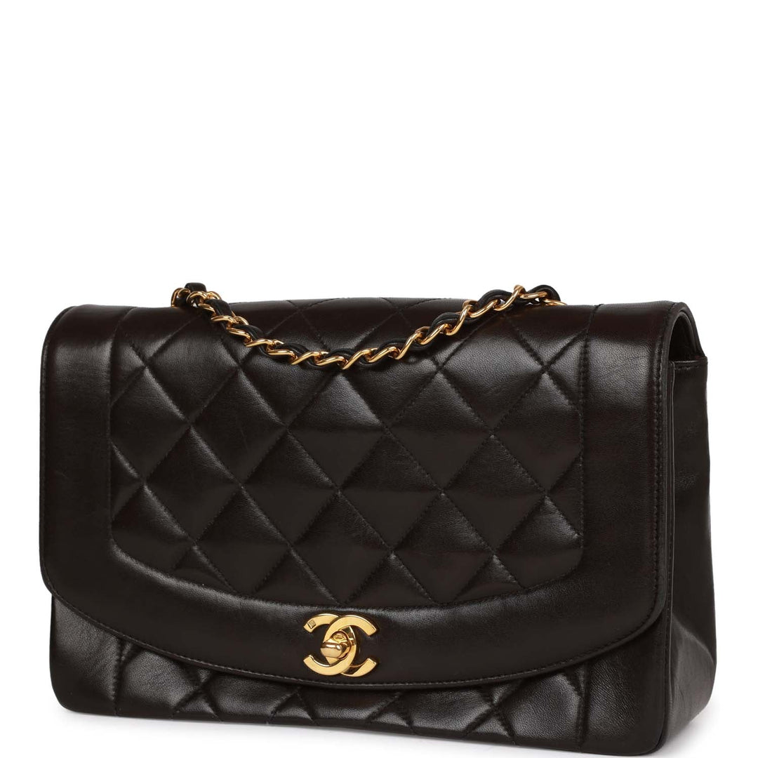 Vintage Top Quality Chanel Medium Diana Flap Bag Black Quilted Lambskin Gold Hardware