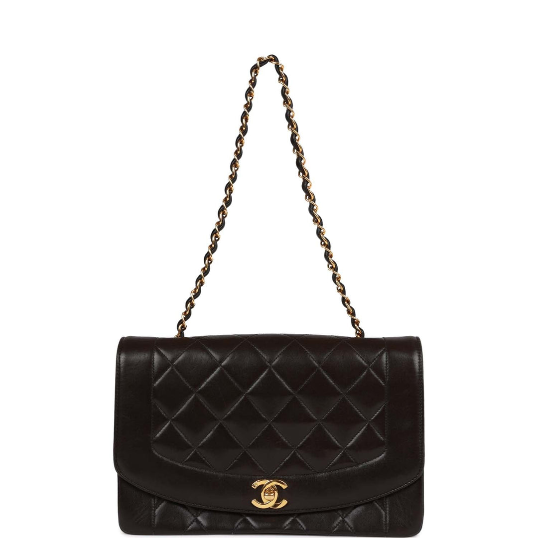 Vintage Top Quality Chanel Medium Diana Flap Bag Black Quilted Lambskin Gold Hardware
