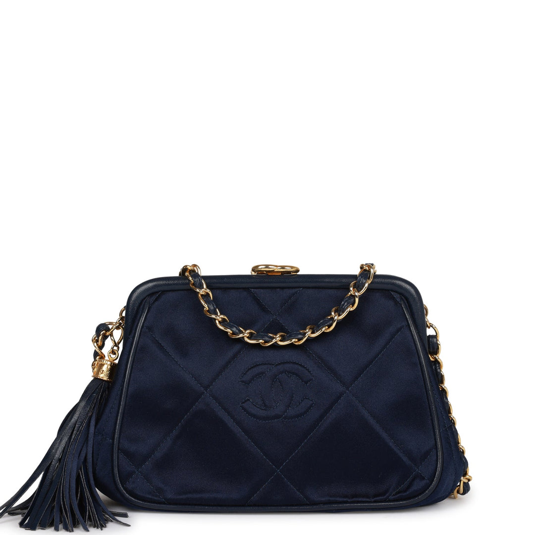 Vintage Top Quality Chanel Frame Tassel Bag Navy Satin Gold Hardware