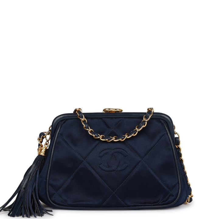 Vintage Top Quality Chanel Frame Tassel Bag Navy Satin Gold Hardware