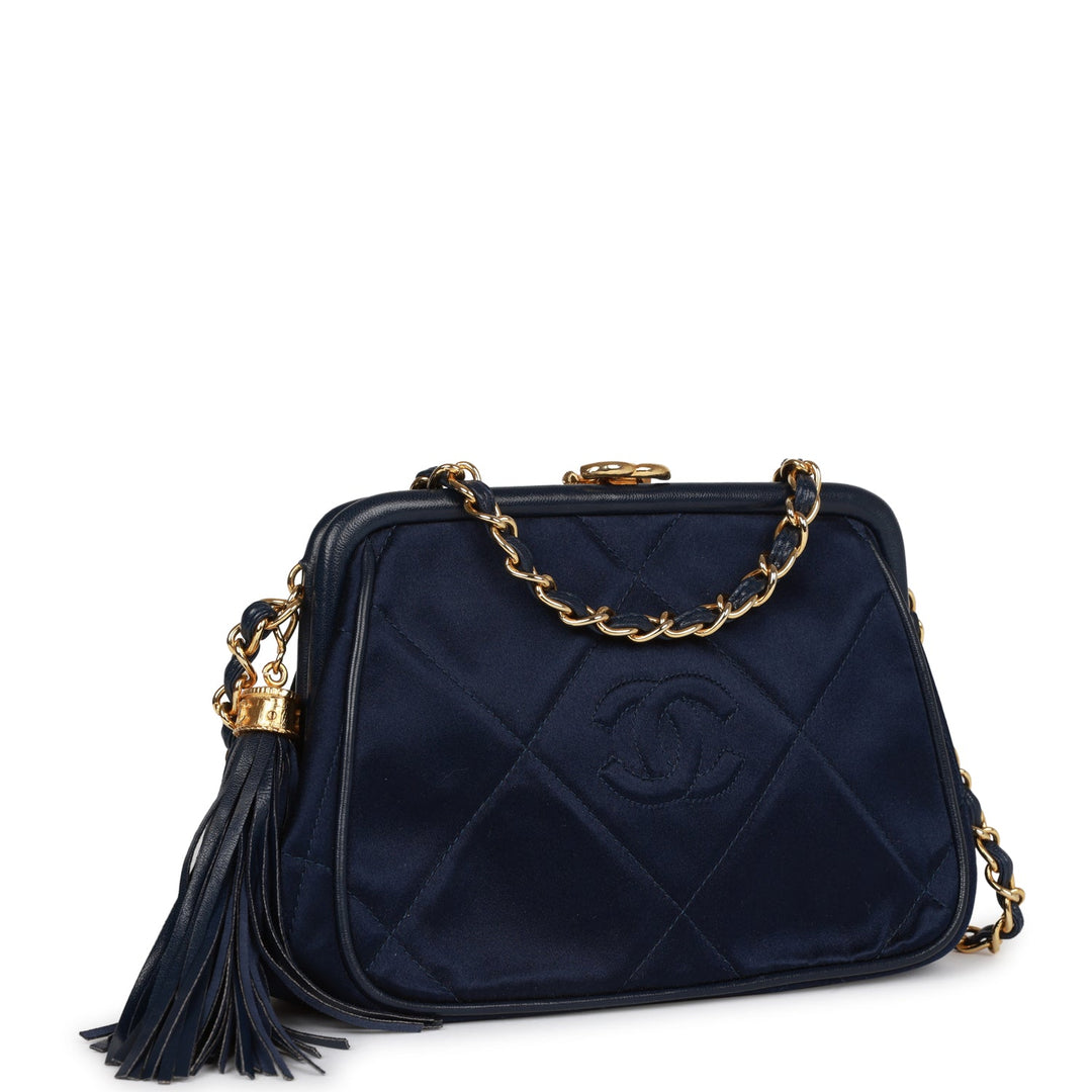 Vintage Top Quality Chanel Frame Tassel Bag Navy Satin Gold Hardware