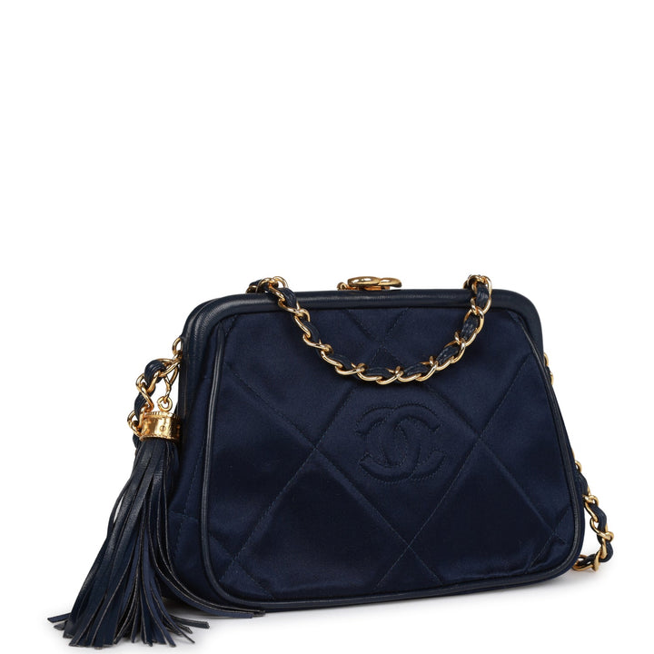 Vintage Top Quality Chanel Frame Tassel Bag Navy Satin Gold Hardware