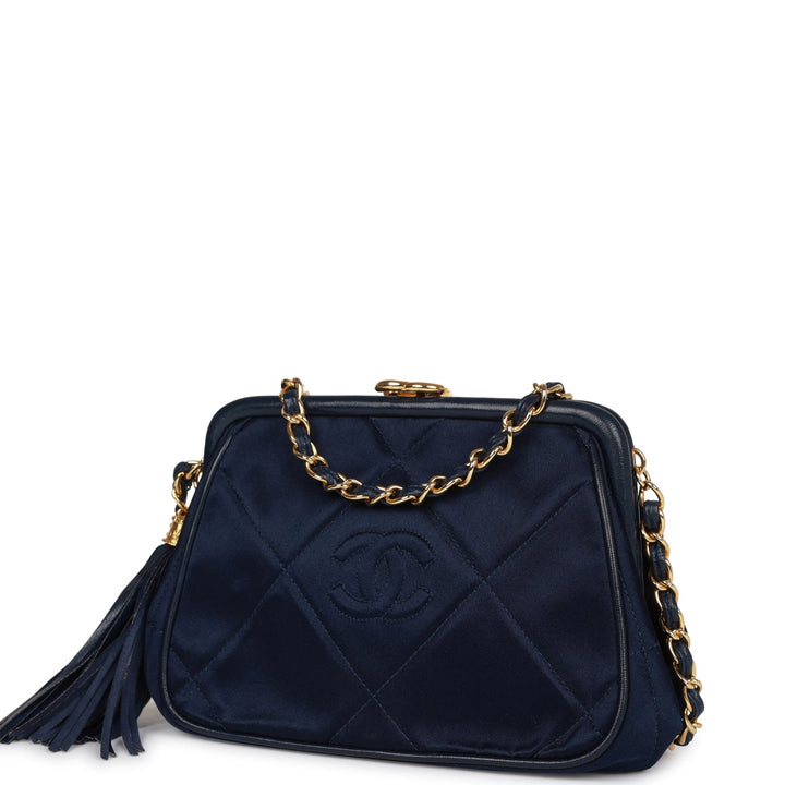 Vintage Top Quality Chanel Frame Tassel Bag Navy Satin Gold Hardware