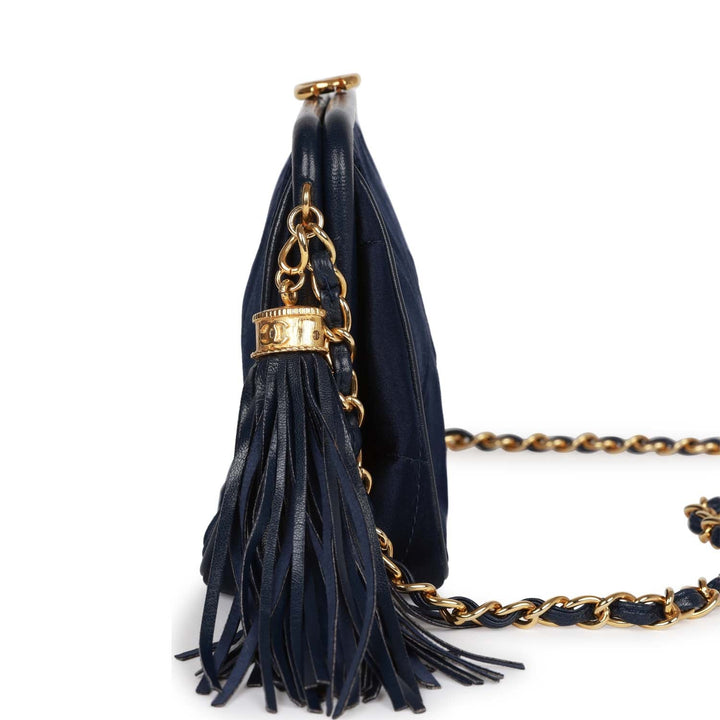 Vintage Top Quality Chanel Frame Tassel Bag Navy Satin Gold Hardware