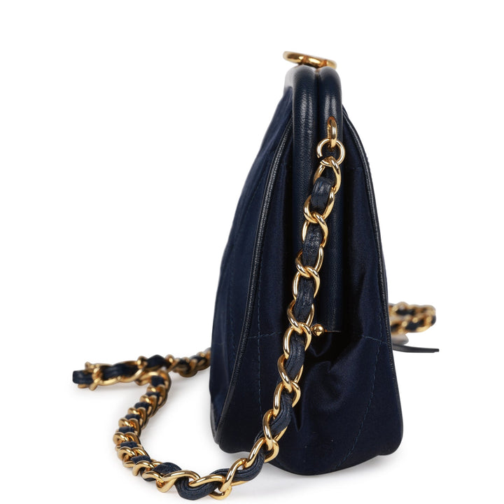 Vintage Top Quality Chanel Frame Tassel Bag Navy Satin Gold Hardware