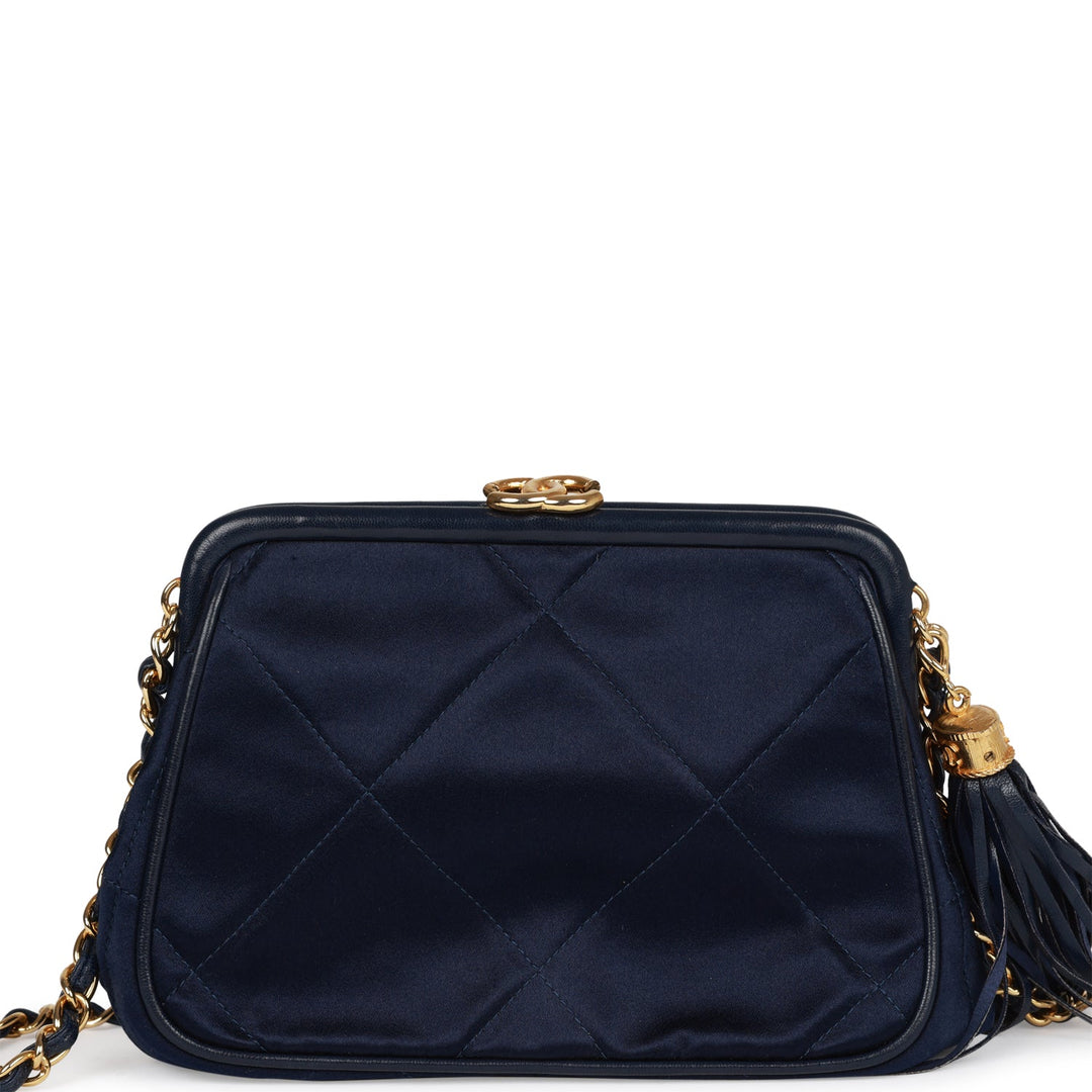 Vintage Top Quality Chanel Frame Tassel Bag Navy Satin Gold Hardware