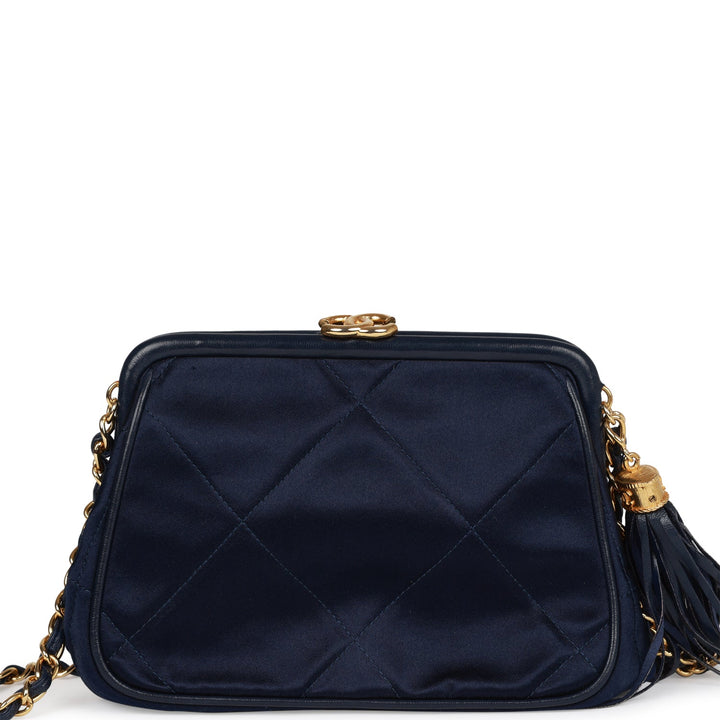 Vintage Top Quality Chanel Frame Tassel Bag Navy Satin Gold Hardware