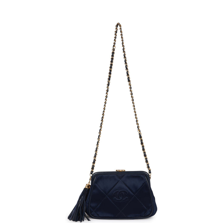 Vintage Top Quality Chanel Frame Tassel Bag Navy Satin Gold Hardware