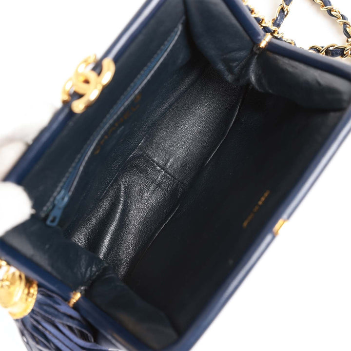 Vintage Top Quality Chanel Frame Tassel Bag Navy Satin Gold Hardware