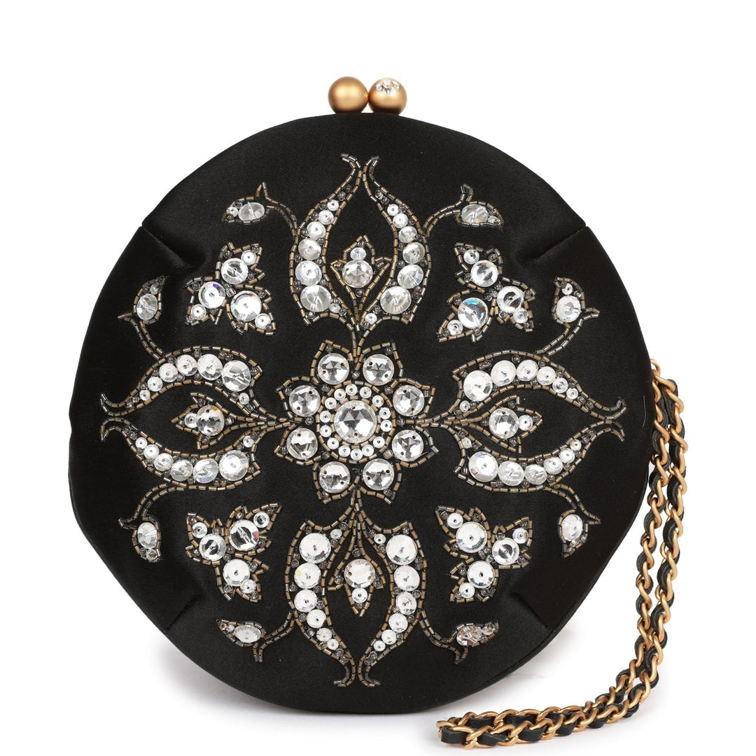 Vintage Top Quality Chanel Clutch Bag Black Satin Embellished Antique Gold Hardware