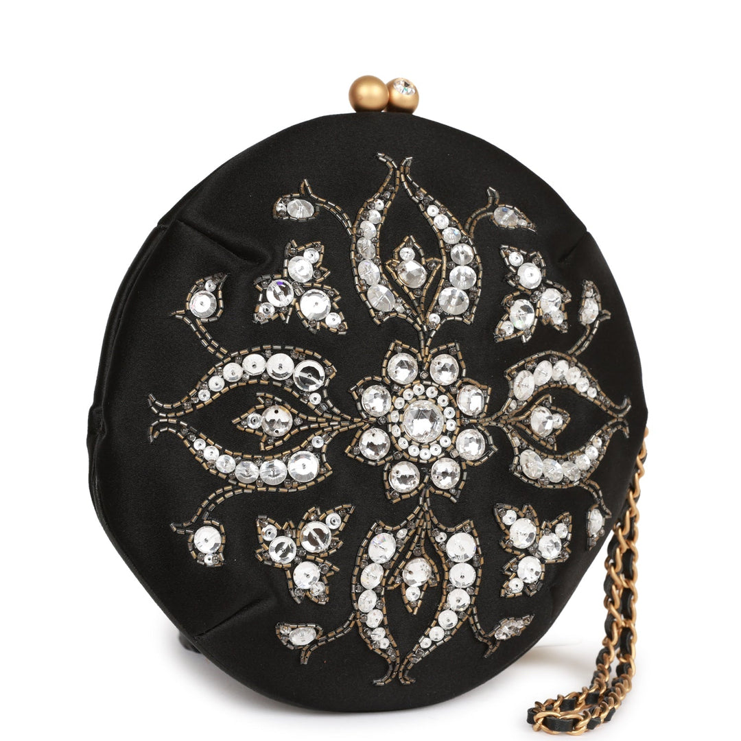 Vintage Top Quality Chanel Clutch Bag Black Satin Embellished Antique Gold Hardware