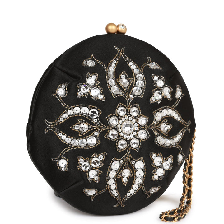 Vintage Top Quality Chanel Clutch Bag Black Satin Embellished Antique Gold Hardware