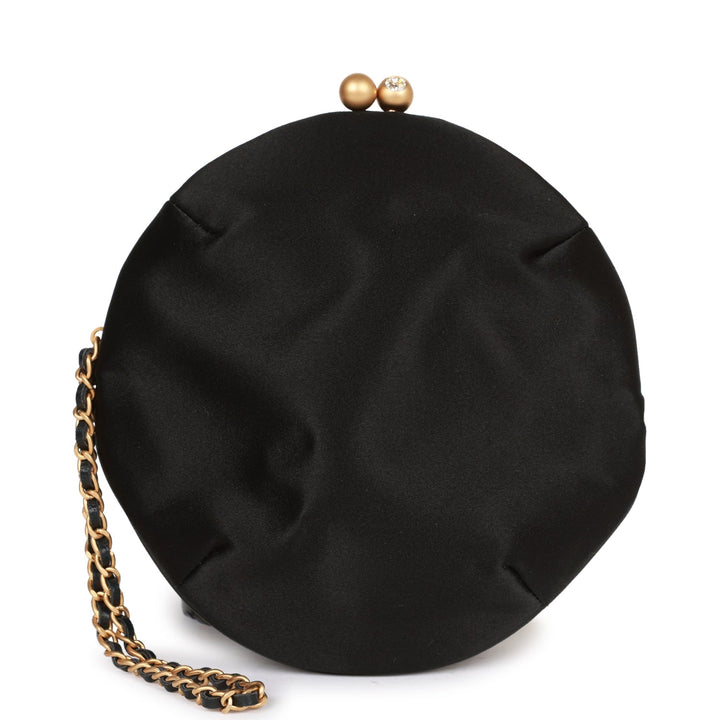 Vintage Top Quality Chanel Clutch Bag Black Satin Embellished Antique Gold Hardware