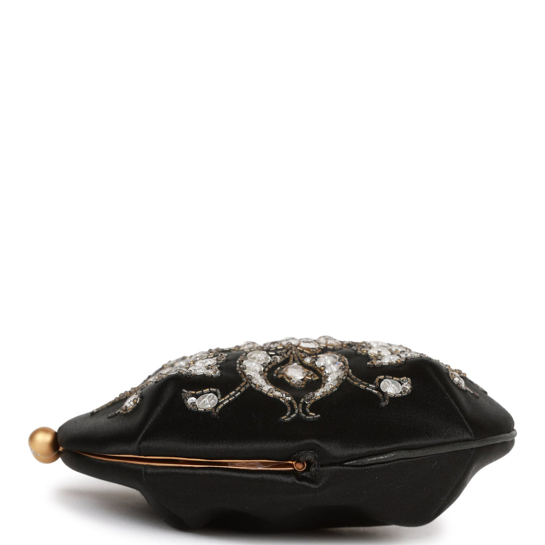 Vintage Top Quality Chanel Clutch Bag Black Satin Embellished Antique Gold Hardware