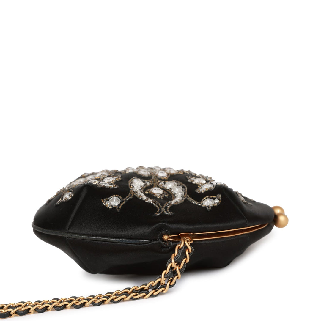 Vintage Top Quality Chanel Clutch Bag Black Satin Embellished Antique Gold Hardware