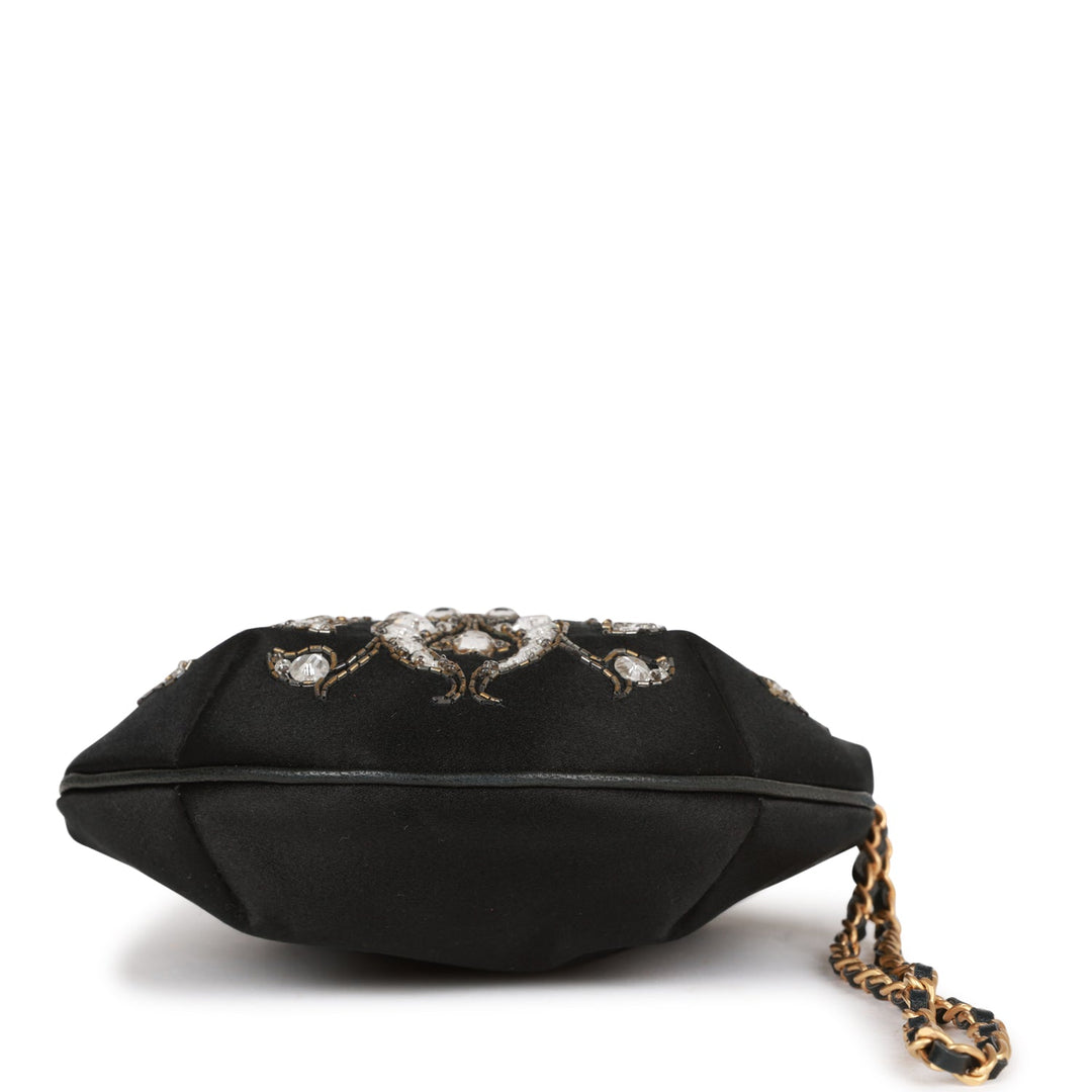 Vintage Top Quality Chanel Clutch Bag Black Satin Embellished Antique Gold Hardware