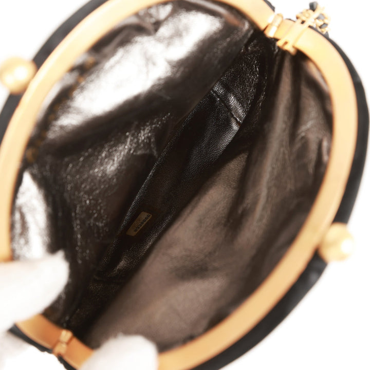 Vintage Top Quality Chanel Clutch Bag Black Satin Embellished Antique Gold Hardware