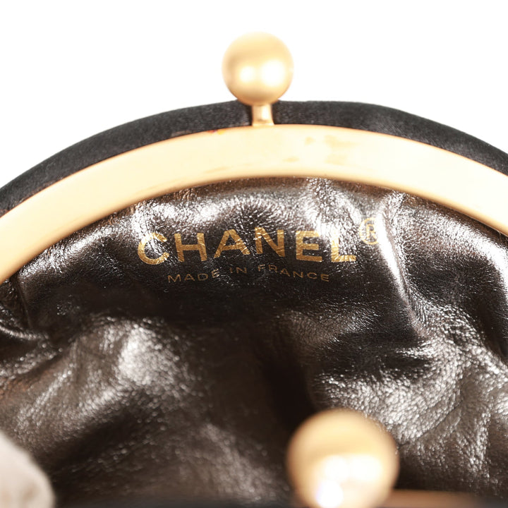 Vintage Top Quality Chanel Clutch Bag Black Satin Embellished Antique Gold Hardware