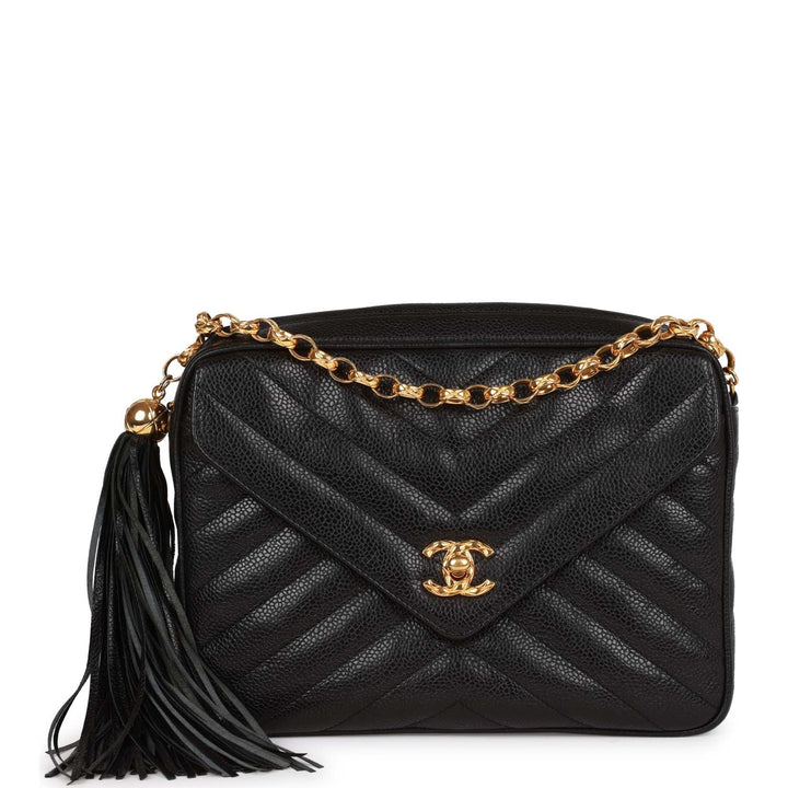Vintage Top Quality Chanel Small Chevron Tassel Camera Bag Black Caviar Gold Hardware