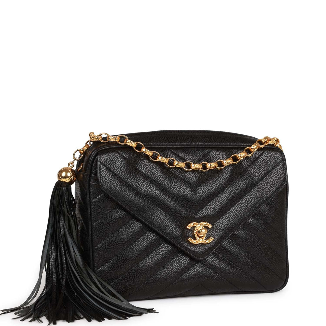 Vintage Top Quality Chanel Small Chevron Tassel Camera Bag Black Caviar Gold Hardware