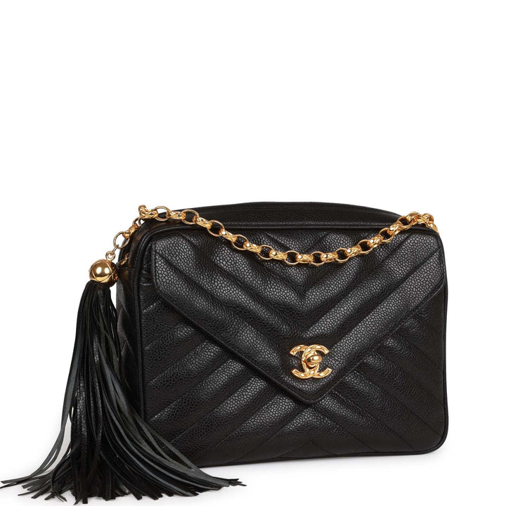 Vintage Top Quality Chanel Small Chevron Tassel Camera Bag Black Caviar Gold Hardware