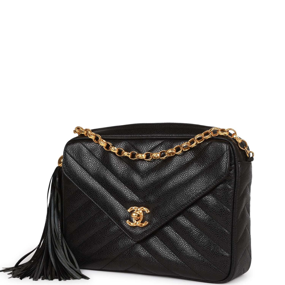 Vintage Top Quality Chanel Small Chevron Tassel Camera Bag Black Caviar Gold Hardware
