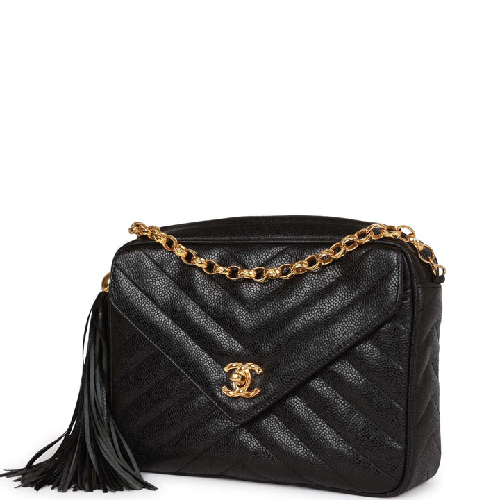 Vintage Top Quality Chanel Small Chevron Tassel Camera Bag Black Caviar Gold Hardware