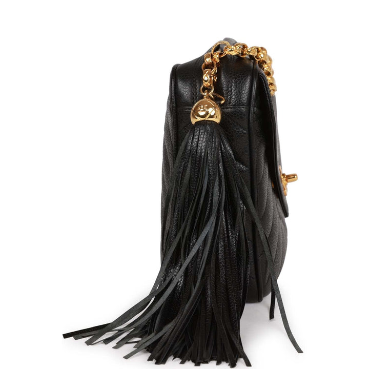 Vintage Top Quality Chanel Small Chevron Tassel Camera Bag Black Caviar Gold Hardware
