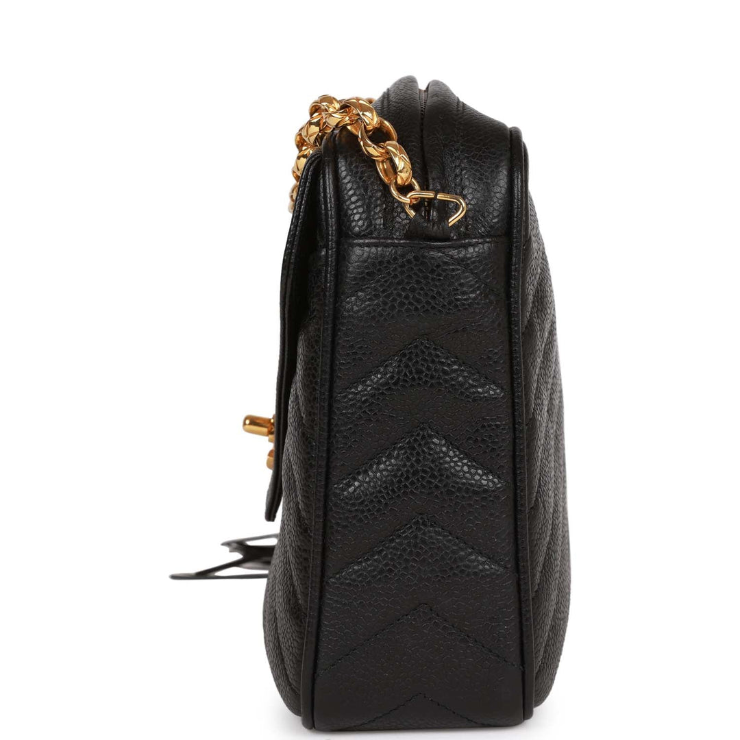 Vintage Top Quality Chanel Small Chevron Tassel Camera Bag Black Caviar Gold Hardware