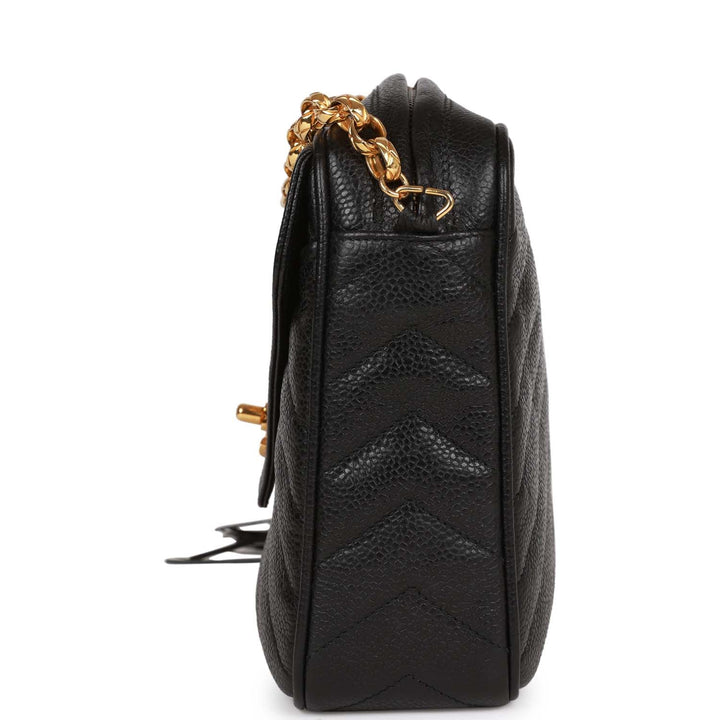 Vintage Top Quality Chanel Small Chevron Tassel Camera Bag Black Caviar Gold Hardware