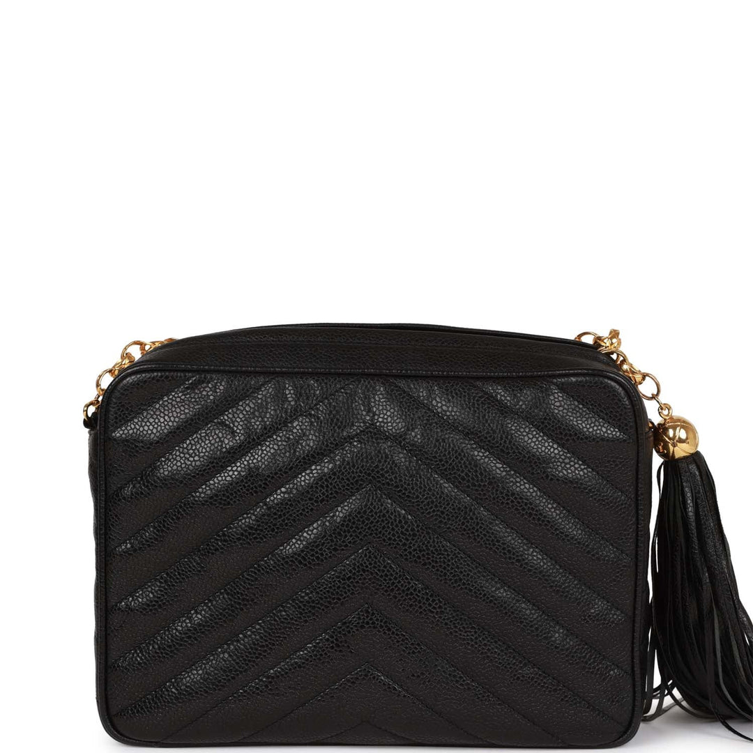 Vintage Top Quality Chanel Small Chevron Tassel Camera Bag Black Caviar Gold Hardware