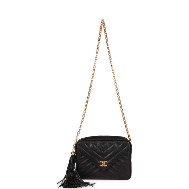 Vintage Top Quality Chanel Small Chevron Tassel Camera Bag Black Caviar Gold Hardware