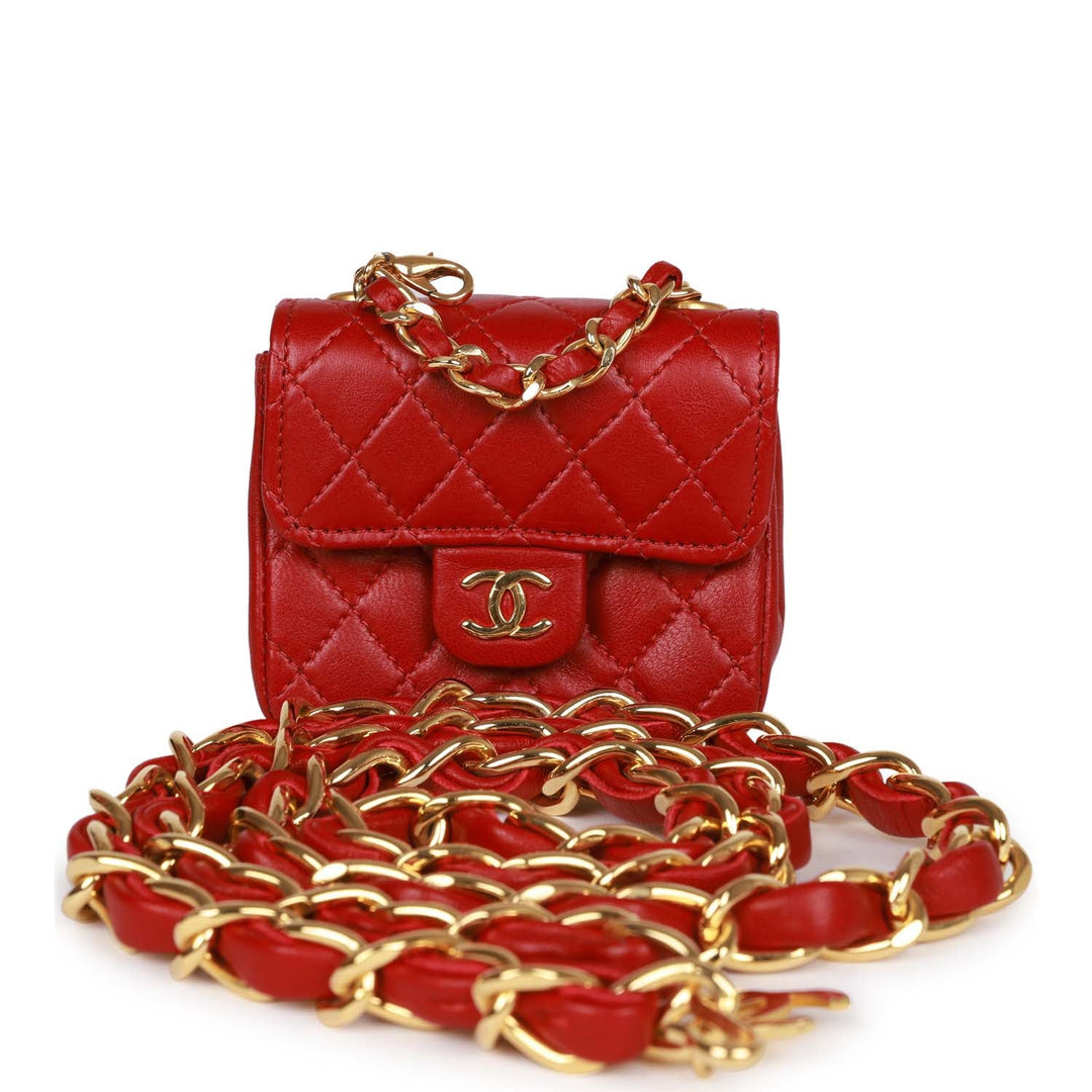 Vintage Top Quality Chanel Micro Waist Flap Bag Red Lambskin Gold Hardware
