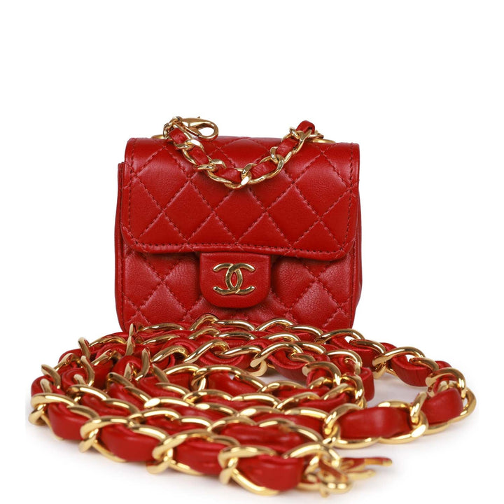 Vintage Top Quality Chanel Micro Waist Flap Bag Red Lambskin Gold Hardware